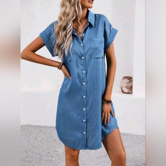 Boutique Dresses & Skirts - NEW Chic Button Down Shirt Dress Chambray Denim Blue